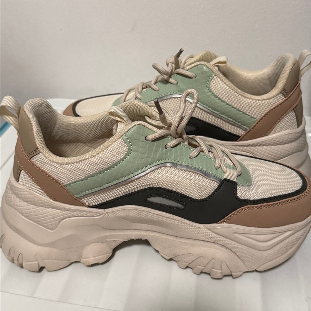 Chunky Mesh & Leather Women’s Sneakers in Beige, Mint & Black - Picture 3 of 3